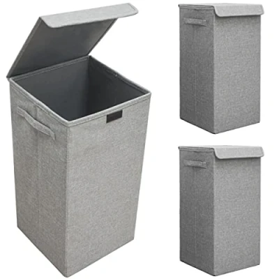 Afbeelding van Set van 3: 50L Wasmand met Deksel 30x30x60 Stevige Wasverzamelaar Houten Frame Smalle Hog...
