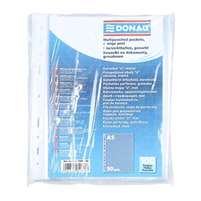 Afbeelding van OFFICER PRODUCTS DONAU 100 stuks DIN A5 geperforeerde hoezen, open bovenaan, transparante kunststof, voor documenten, transparant, 50 micron