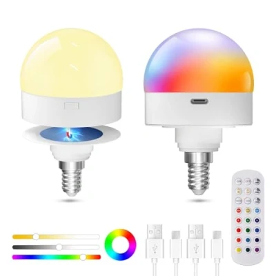 Afbeelding van E14 Oplaadbare LED lamp RGB 3 Kleurtemperaturen Dimbaar Draadloos met Afstandsbediening USB C voor Niet Vastgemaakte Lampen (2 stuks)