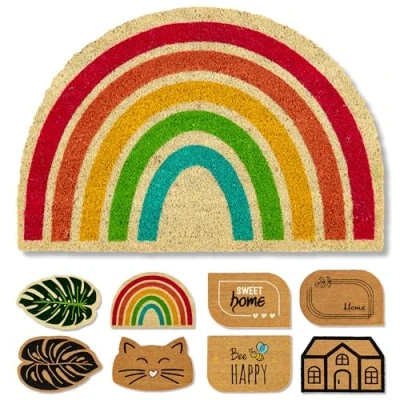 Afbeelding van deurmat van natuurlijke kokosvezel 40 x 60 cm regenboog antislip die vuil vasthoudt voor binnen en buiten overdekte deur