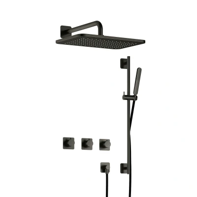 Afbeelding van Hotbath Gal Regendoucheset IBSGL70 Geborsteld Gunmetal PVD Staaf Handdouche 40cm Hoofddouche Wandarm met glijstang