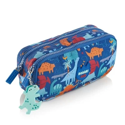 Afbeelding van Miquelrius Trousse scolaire, double trousse, fabriquée avec des bouteilles recyclées, fermeture éclair, organisez votre matériel scolaire pour la rentrée Dino, bleu,