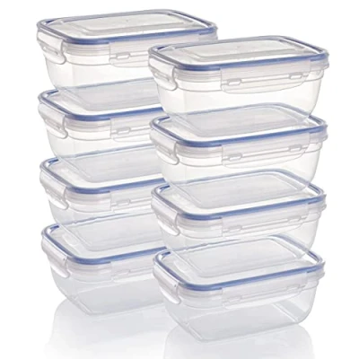Afbeelding van Grizzly Plastic Voedselopbergdozen Set, 8x opbergdozen met deksel, medium, rechthoekig, stapelbaar, breukvast, magnetronbestendig en vaatwasmachinebestendig