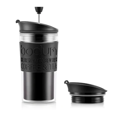 Afbeelding van Bodum Travel Press Dubbele Muur Koffiezetapparaat met Plus Deksel, 0.35 Liter Capaciteit, Zwart