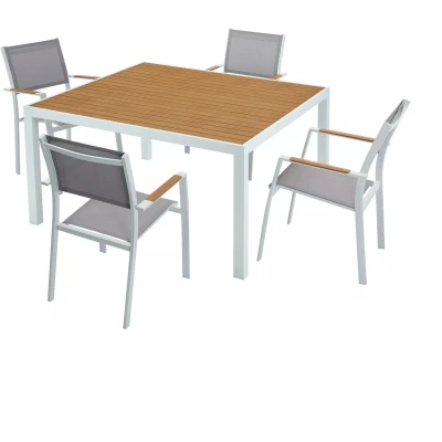 Afbeelding van Vente unique Tuineetset van aluminium: een vierkante tafel L140 cm en 4 opstapelbare fauteuils Licht naturel grijs MACILA MYLIA L 140 x H 90 D