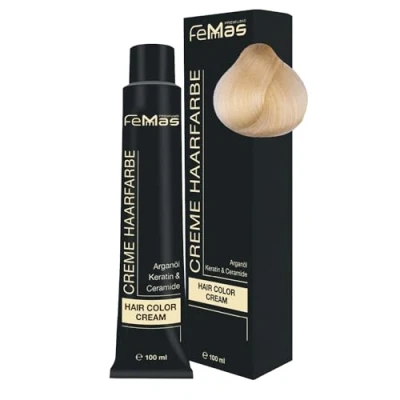 Image de FemMas Teinture pour cheveux blonds, crème professionnelle à huile d&#039;argan nourrissante, de kératine et céramides, comme coloration permanente ou teinte, 100 ml, blond platine doré 11.3