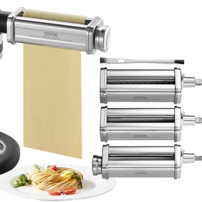Afbeelding van VEVOR KitchenAid 3 stuks roestvrijstalen mixeraccessoires bestaande uit pastarol, spaghettisnijder en fettuccines, 8 verstelbare dikke knoppen
