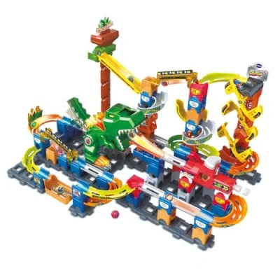 Afbeelding van VTech Marble Rush, elektronisch kogelcircuit Dino Adventure magnetische set XL400E, magnetisch dinosaurus bouwspel, 100 stuks, 10 ballen, cadeau voor kinderen vanaf 4 jaar inhoud in het Frans