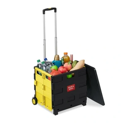 Afbeelding van Relaxdays boodschappentrolley inklapbaar vouwkrat met wielen trolley boodschappenkar geel
