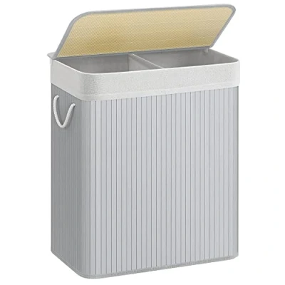 Afbeelding van SONGMICS LCB064G01 Wasmand van bamboe met deksel, 2 vakken, afneembare tas, katoenen handgrepen, voor wasruimte en slaapkamer, volume 100 l, grijs