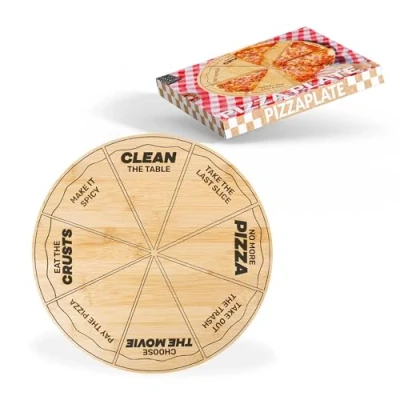 Afbeelding van Fisura Originele pizzaschotel. Pizzaplaat met grappige boodschappen. dienblad van bamboehout. Ronde schaal gelijkmatige delen. 35 centimeter