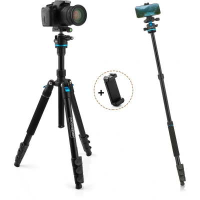 Afbeelding van MOJOGEAR Swift Fotostatief 175cm met Monopod voor Camera en Smartphone Arca Swiss Inclusief telefoonhouder Uitneembare omkeerbare middenkolom Ideaal Macro landschapsfotografie Afneembare Zwart/Blauw