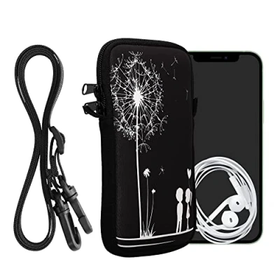 Afbeelding van kwmobile Tasje voor smartphones XXL 7&quot; Hoesje van neopreen in wit / zwart Phone case met nekkoord Paardenbloemen Liefde design