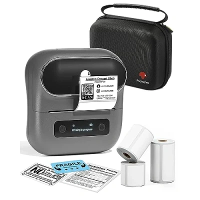 Afbeelding van Phomemo M220 labelprinter, thermische bluetooth printer voor barcodes, mappenetiketten, compatibel met smartphones, 3 rollen etiketten en hoes