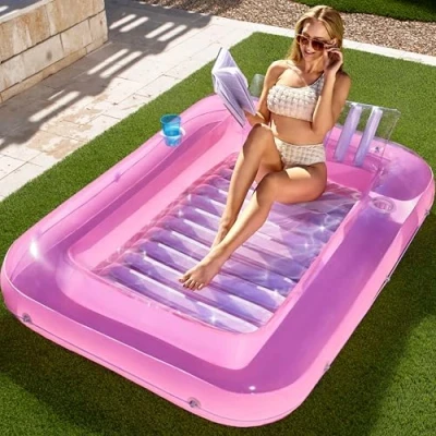 Afbeelding van Sloosh Opblaasbare bruiningsvlotter voor zwembad, 177,8 x 116,8 cm, met kussen, persoonlijke ligstoel volwassenen, zomerwaterfeest, L roze en wit