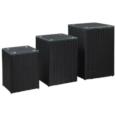 Afbeelding van 3 delige Bijzettafelset met glazen blad poly rattan zwart