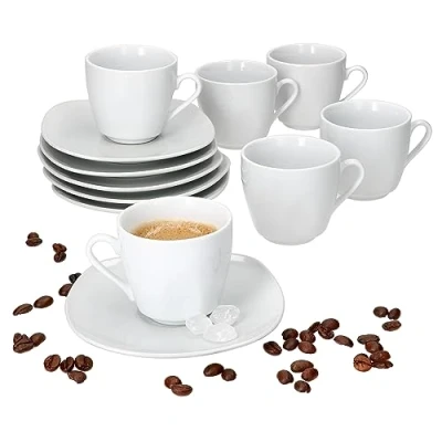 Afbeelding van MamboCat Lotta Set van 6 espressokopjes met schoteltjes voor personen, wit porseleinen servies ontbijt en koffie, kleine kopjes 80 ml schoteltjes, chique de