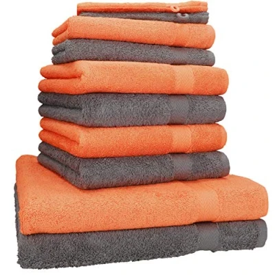 Afbeelding van Betz Set van 10 handdoeken, 2 badhanddoeken, 4 gastendoekjes en washandjes, 100% premium katoen, kleur: oranje, antracietgrijs