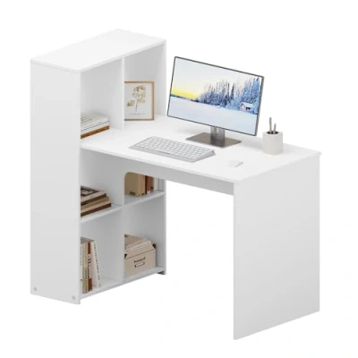Afbeelding van eSituro Computerbureau met opbergruimte, bureautafel, wit, 120 x 63 111 cm, werkplek 6 open vakken, houten studeertafel plank voor thuiskantoor