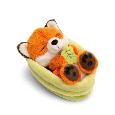 Afbeelding van Knuffelvos, met blad, 12 cm, slapend in mand oranje zacht pluche, schattig om te knuffelen en spelen, voor kinderen volwassenen, een geweldig cadeau idee 61581