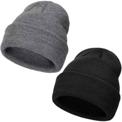 Afbeelding van DRESHOW Wintermuts voor kinderen, uniseks, zacht, gebreid, baby&#039;s, jongens, meisjes, warme muts 3 maanden 6 jaar, 2 stuks hoeden: donkergrijs / zwart