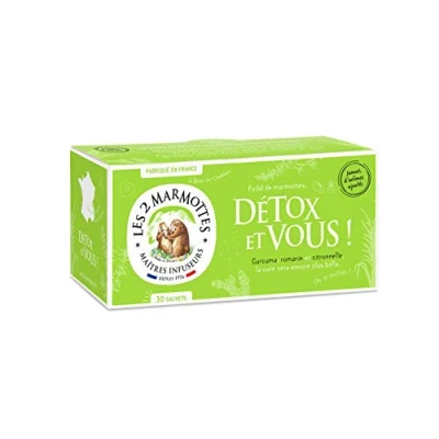 Image de Les 2 Marmottes infusion Détox et Vous 30 sachets Curcuma, romarin, citronnelle Bien Être Relaxation Pour le foie Made in France Sans arômes ajoutés 46g