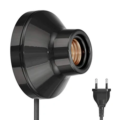 Afbeelding van ledscom.de ELEKTRA lampfitting/lampfitting, stekker, schakelaar, porselein, glanzend zwart, rond, 1x E27 max. 300 W, studio wandlamp, directe aansluiting, interieurstijl