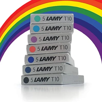 Afbeelding van Lamy T10 7 verpakkingen vervangende inktpatronen voor vulpen, verschillende kleuren, zwart, rood, blauw, uitwisbaar, groen, paars, turquoise, 1 verpakking per kleur, in totaal 35