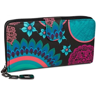 Afbeelding van styleBREAKER Damesportemonnee met etnische bloemen en bloemenpatronen, vintage design, ritssluiting, portemonnee 02040040, Zwart turquoise blauw