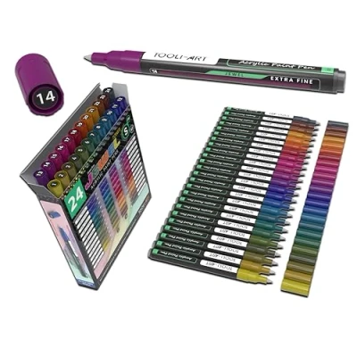 Afbeelding van Set van 24 acrylstiften, waterbestendig, extra dun, speciale serie, ondoorzichtig, op waterbasis, sneldrogend, voor schilderen steen, kiezelstenen, kunststof, canvas, glazen