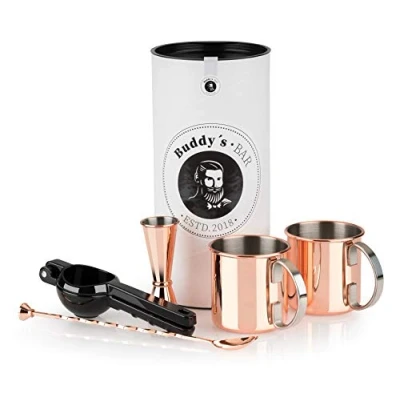 Afbeelding van Bar Moscow Mule Complete barset, cocktailbeker in koper look 2 x 500 ml, barlepel 27 cm, barmaat 5 cl en zwarte limoenpers, geschikt voor levensmiddelen, cocktailbekerset inclusief geschenkdoos