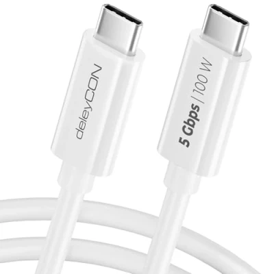 Afbeelding van deleyCON 0,5 m USB C kabel (snel opladen 100 W &amp; 5 Gbit/s) korte oplaadkabel voor iPhone 16 15 Pro Max Samsung Galaxy S24 S23 Pixel iPad MacBook Air Tablets Switch PS5 wit