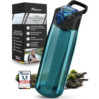 Afbeelding van BERGKVIST® OBSIDIAN filterfles voor buiten, 650 ml, met kompas, drinkfles filter schoon drinkwater, waterbehandeling camping, preventie en survivaluitrusting