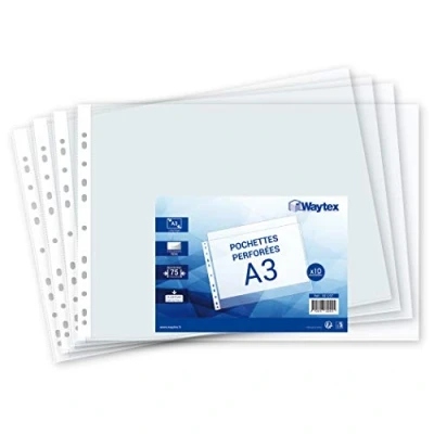 Afbeelding van WAYTEX Documentenmap met gaatjes, A3, dikte 7,5/100, zak 10 stuks (opening bovenzijde)
