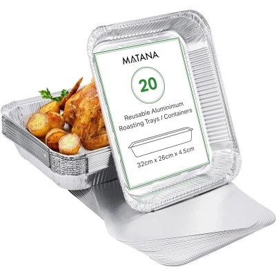 Afbeelding van MATANA 20 Aluminium Bakjes met Deksel (32 x 26 4,5 cm) Ovenbestendige Wegwerpschalen, Barbecueschalen, Bakvormen