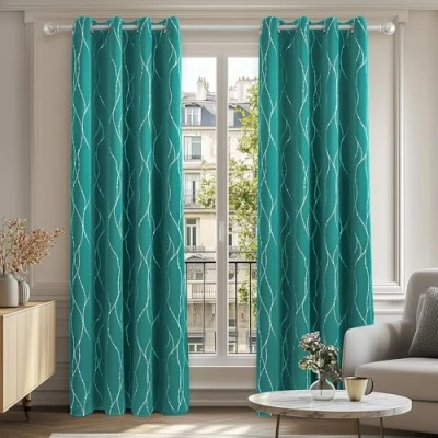 Afbeelding van Deconovo Verduisteringsgordijnen met ogen, warmte isolatie, geluidsreductie, zilveren lijn stippen, voor slaapkamer, 117 x 228 cm, turquoise, 2 gordijnen