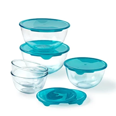 Afbeelding van Pyrex Prep &amp; Store Mengkom met Deksel 5 Delig Transparant Borosilicaatglas