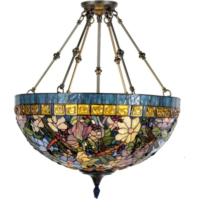 Afbeelding van LumiLamp Hanglamp Tiffany Ø 70x75 cm Blauw Beige Metaal Glas Halfrond Libelle Eettafel