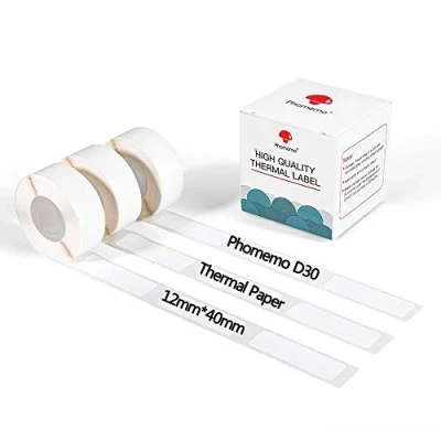 Afbeelding van Phomemo D30 D30Pro Thermisch drukpapierrol, waterdicht printpapier, naam, prijs, duurzaamheid, classificatie, etiketten, 12 x 40 mm, zelfklevend, wit, voor draadloze draagbare printers, 3 rollen