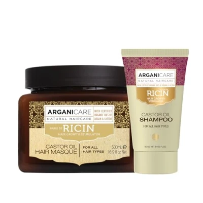 Afbeelding van ARGANICARE ricinusolie Versterkend masker 500 ml + shampoo 50 met biologische haarverzorging voedt versterkt hydrateert alle haartypes