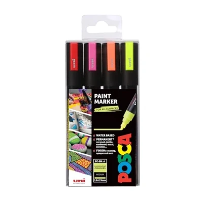 Afbeelding van POSCA PC 5M set van 4 permanente markers met ronde punt voor knutselwerk op hout, metaal, papier, canvas, karton, glas, stof, keramiek, steenkiezelstenen, porselein, kleuren