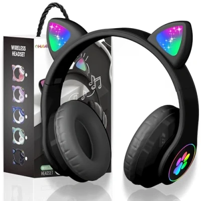 Afbeelding van Casque Bluetooth sans fil pour enfants, pliable, fille, oreilles, LED, oreilles de chat, audio 5.0, tablette, téléphone portable, PC, violet (noir2)