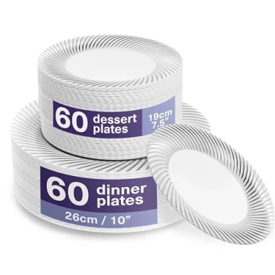 Afbeelding van MATANA 40 Set Premium Witte Herbruikbare Plastic Borden met Zilveren Rand Inclusief 20 Diner (26cm) &amp; Dessert (19cm) voor Bruiloften, Verjaardagen, Doopfeesten, Kerstmis en Feesten