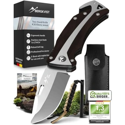 Afbeelding van BERGKVIST® K30 Vouwmes (3 in 1 multifunctioneel mes) survivalmes voor jacht, kamperen of wandelen ebbenhouten handvat met vuursteen en etui