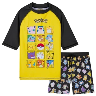 Afbeelding van Pokemon Badpak voor kinderen, 2 stuks, Rashguard met korte mouwen en zwemshorts, Geel/Zwart