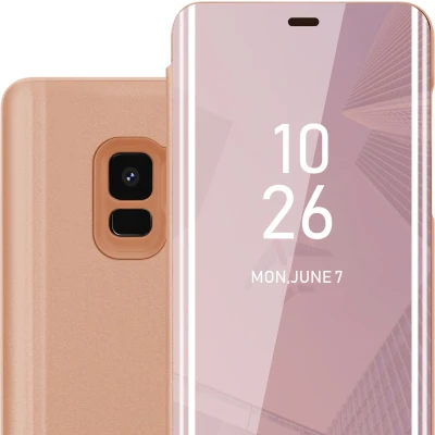 Afbeelding van Cadorabo Hoesje geschikt voor Samsung Galaxy S9 in KUNZIET ROZE Clear View Spiegel Beschermende Case met Tribunefunctie 360 Graden Bescherming Book Cover Etui