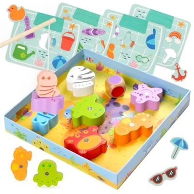 Afbeelding van Nene Toys Visspel magnetisch educatief spel van hout voor kinderen vanaf 2 jaar, kleurencombinatie puzzel, zeedierenfiguren hout, cadeau peuters jaar