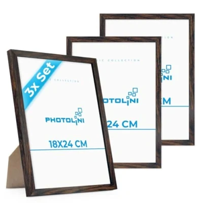 Afbeelding van PHOTOLINI Fotolijst 18 x 24 cm, MDF hout, donker eiken, 3 stuks fotolijsten voor posters en posters, onbreekbaar acrylglas, om op te hangen neer zetten, met extra accessoires