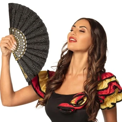 Afbeelding van Boland 00509. Granada waaier van stof: ca. 25 cm lang, zwart met gouden ornamenten, jaren 1920, The Great Gatsby, Spaans, barok, kostuum, accessoire, themafeest, carnaval