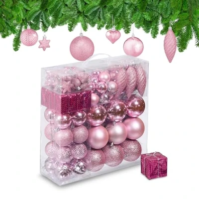 Afbeelding van Relaxdays kerstballen kerstboom ballen kerstboomversiering kunststof set van 110 roze